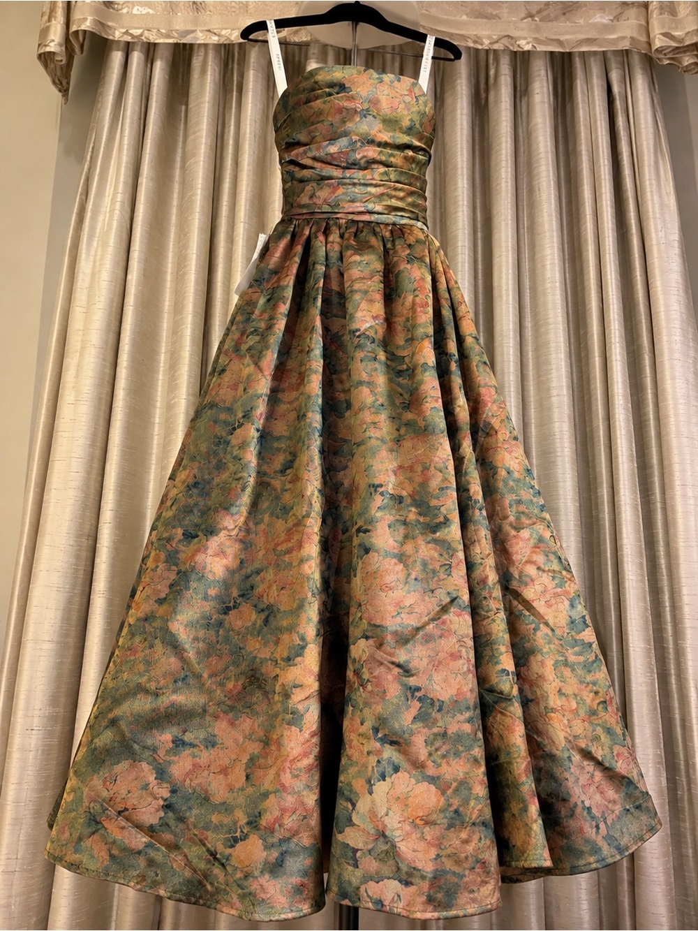 Azazie Strapless Floral Brocade Midi Dress in Green and Pink